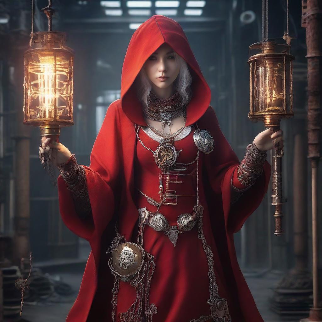 A priestess in a red hooded garment, holding a gear-topped staff enfolding an incandescent bulb, stands in an industrial backdrop. Her jewelry is gear-themed, she has mechanical extensions for limbs and her clothing features white patterns.