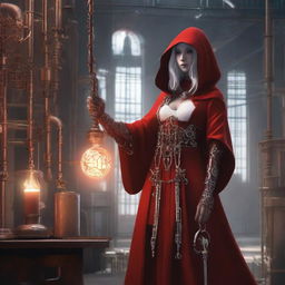 A priestess in a red hooded garment, holding a gear-topped staff enfolding an incandescent bulb, stands in an industrial backdrop. Her jewelry is gear-themed, she has mechanical extensions for limbs and her clothing features white patterns.