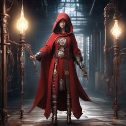 A priestess in a red hooded garment, holding a gear-topped staff enfolding an incandescent bulb, stands in an industrial backdrop. Her jewelry is gear-themed, she has mechanical extensions for limbs and her clothing features white patterns.