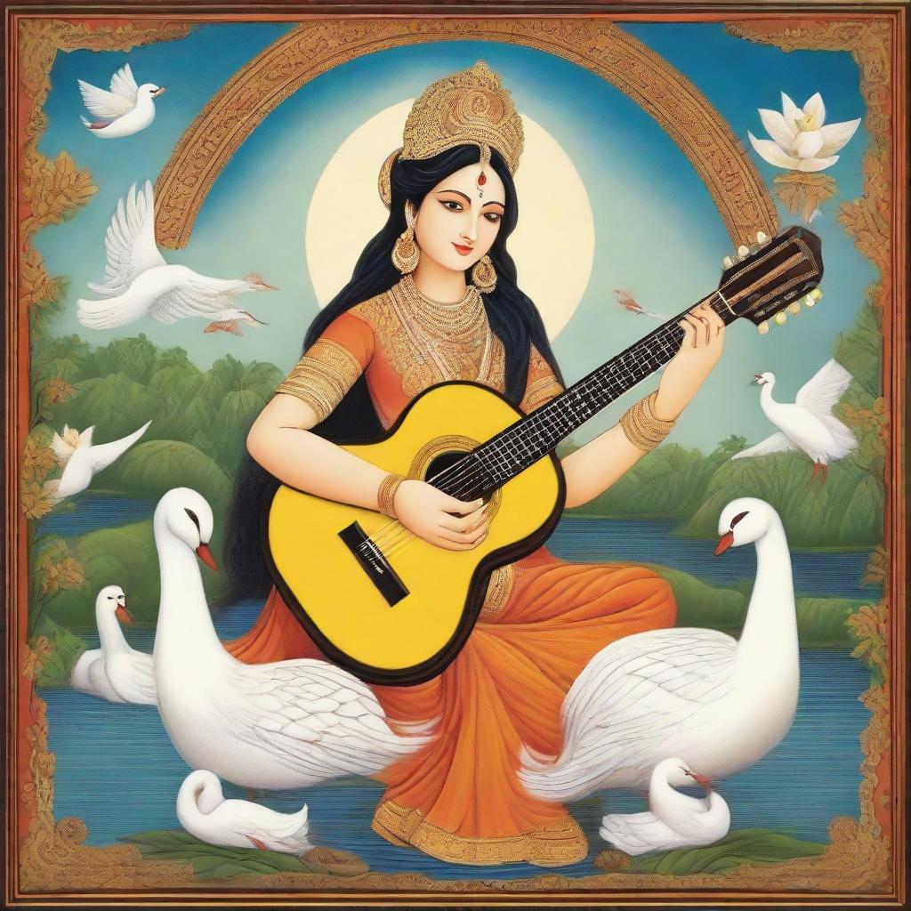 Goddess Saraswati holding a guitar, with swans in the background, depicted in Indian miniature painting style, embodying a divine, ancient cultural ambiance