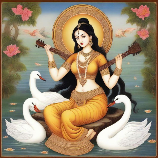 Goddess Saraswati holding a guitar, with swans in the background, depicted in Indian miniature painting style, embodying a divine, ancient cultural ambiance