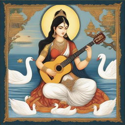 Goddess Saraswati holding a guitar, with swans in the background, depicted in Indian miniature painting style, embodying a divine, ancient cultural ambiance