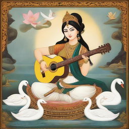 Goddess Saraswati holding a guitar, with swans in the background, depicted in Indian miniature painting style, embodying a divine, ancient cultural ambiance