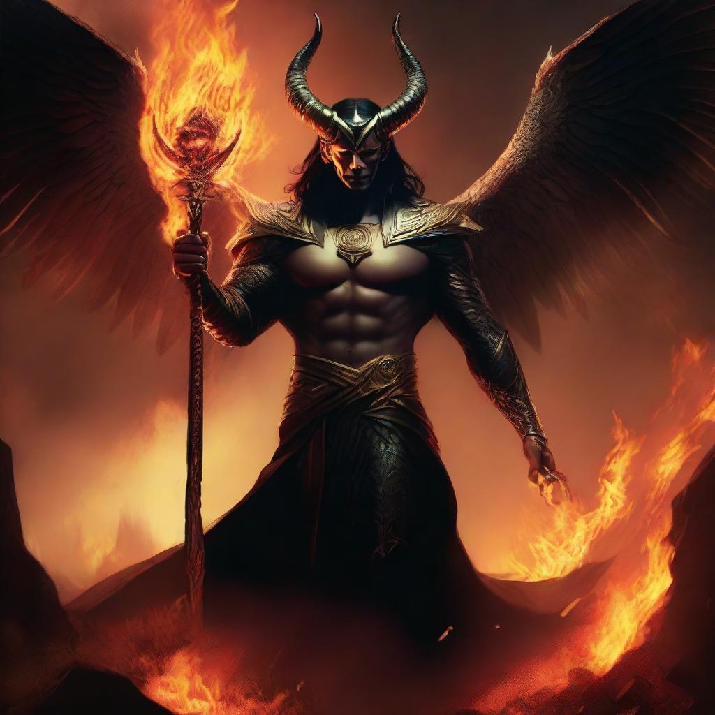 Loki interpreted as Lucifer, exuding grandeur in ancient warrior attire, standing majestically in the fiery surroundings of hell, holding a grand scepter in his hand.