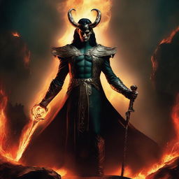 Loki interpreted as Lucifer, exuding grandeur in ancient warrior attire, standing majestically in the fiery surroundings of hell, holding a grand scepter in his hand.