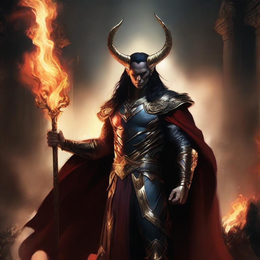 Loki interpreted as Lucifer, exuding grandeur in ancient warrior attire, standing majestically in the fiery surroundings of hell, holding a grand scepter in his hand.