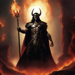 Loki interpreted as Lucifer, exuding grandeur in ancient warrior attire, standing majestically in the fiery surroundings of hell, holding a grand scepter in his hand.