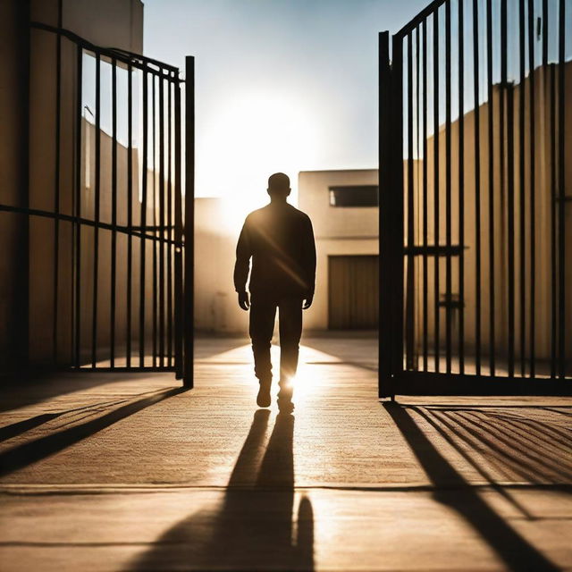 A recently released prisoner, donned in civilian clothing, stepping out of a large prison gate into the bright sunlight, signifying freedom