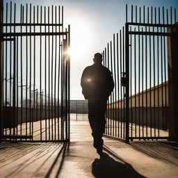 A recently released prisoner, donned in civilian clothing, stepping out of a large prison gate into the bright sunlight, signifying freedom