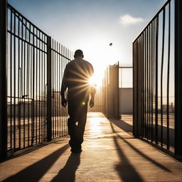 A recently released prisoner, donned in civilian clothing, stepping out of a large prison gate into the bright sunlight, signifying freedom