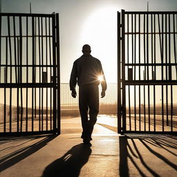 A recently released prisoner, donned in civilian clothing, stepping out of a large prison gate into the bright sunlight, signifying freedom