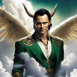 Loki portrayed as Lucifer, characterized by a handsome physique and a charming smile, elegantly floating amidst fluffy, celestial clouds.