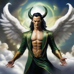 Loki portrayed as Lucifer, characterized by a handsome physique and a charming smile, elegantly floating amidst fluffy, celestial clouds.