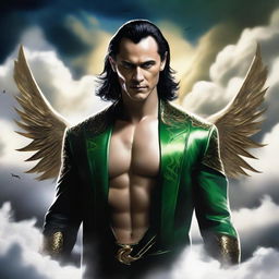 Loki portrayed as Lucifer, characterized by a handsome physique and a charming smile, elegantly floating amidst fluffy, celestial clouds.