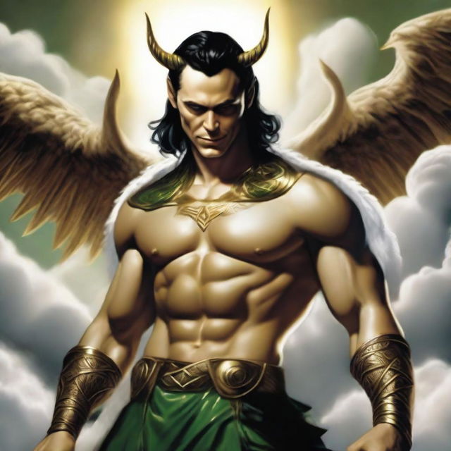 Loki portrayed as Lucifer, characterized by a handsome physique and a charming smile, elegantly floating amidst fluffy, celestial clouds.