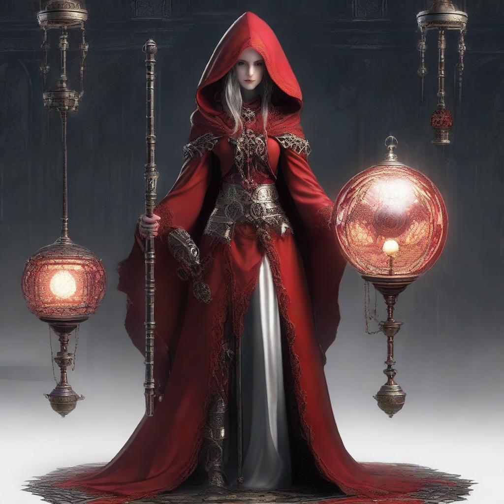 In a Gothic, industrial setting, a woman dressed as a red-hooded priestess, holds a staff with a gear encasing a glowing bulb. She bears gear-themed ornaments, has mechanical additional limbs and her gown features white patterns.