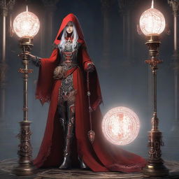 In a Gothic, industrial setting, a woman dressed as a red-hooded priestess, holds a staff with a gear encasing a glowing bulb. She bears gear-themed ornaments, has mechanical additional limbs and her gown features white patterns.