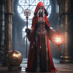 In a Gothic, industrial setting, a woman dressed as a red-hooded priestess, holds a staff with a gear encasing a glowing bulb. She bears gear-themed ornaments, has mechanical additional limbs and her gown features white patterns.