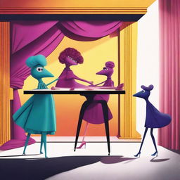 A vibrant digital art piece showcasing a puppet show