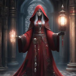 In a Gothic, industrial setting, a woman dressed as a red-hooded priestess, holds a staff with a gear encasing a glowing bulb. She bears gear-themed ornaments, has mechanical additional limbs and her gown features white patterns.