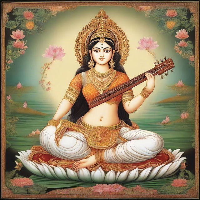 Goddess Saraswati as the goddess of art, portrayed in the style of an Indian miniature painting creating a divine, ancient cultural environment