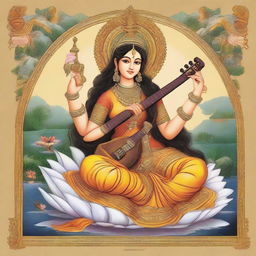 Goddess Saraswati as the goddess of art, portrayed in the style of an Indian miniature painting creating a divine, ancient cultural environment