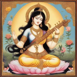 Goddess Saraswati as the goddess of art, portrayed in the style of an Indian miniature painting creating a divine, ancient cultural environment