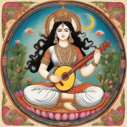 Goddess Saraswati as the goddess of art, portrayed in the style of an Indian miniature painting creating a divine, ancient cultural environment