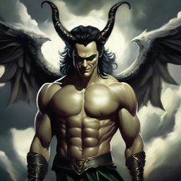 A depiction of Loki as Lucifer, characterized by a handsome physique and a charming smile, gracefully floating amidst stormy hellish clouds.