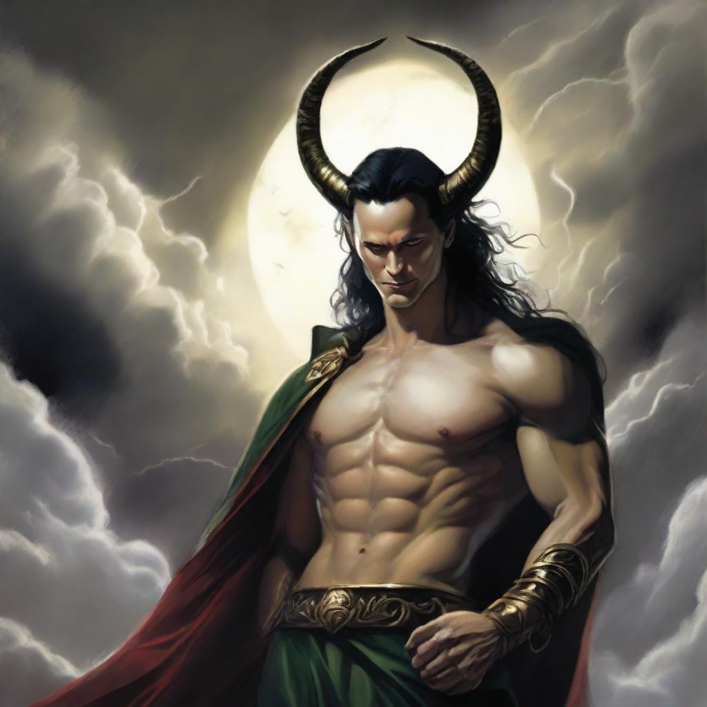 A depiction of Loki as Lucifer, characterized by a handsome physique and a charming smile, gracefully floating amidst stormy hellish clouds.