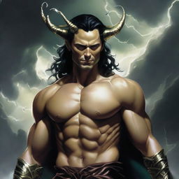 A depiction of Loki as Lucifer, characterized by a handsome physique and a charming smile, gracefully floating amidst stormy hellish clouds.