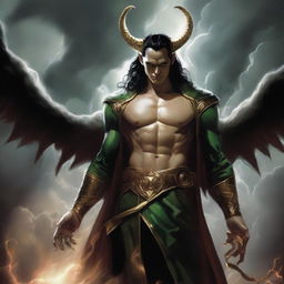 A depiction of Loki as Lucifer, characterized by a handsome physique and a charming smile, gracefully floating amidst stormy hellish clouds.