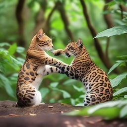 A small, adorable domestic cat showing surprising strength as it playfully wrestles with a surprised, non-aggressive jaguar in a serene, lush jungle setting.