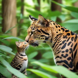 A small, adorable domestic cat showing surprising strength as it playfully wrestles with a surprised, non-aggressive jaguar in a serene, lush jungle setting.