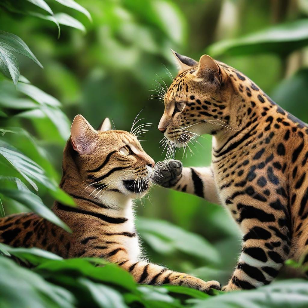 A small, adorable domestic cat showing surprising strength as it playfully wrestles with a surprised, non-aggressive jaguar in a serene, lush jungle setting.