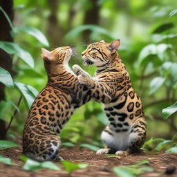 A small, adorable domestic cat showing surprising strength as it playfully wrestles with a surprised, non-aggressive jaguar in a serene, lush jungle setting.