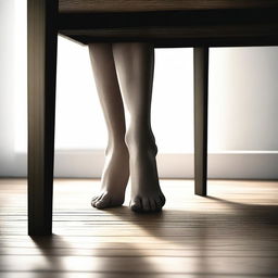 A high-quality digital art image depicting a woman's feet subtly peeking out from under a table