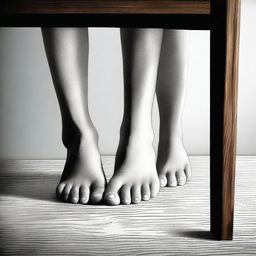 A high-quality digital art image depicting a woman's feet subtly peeking out from under a table