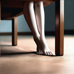 A high-quality digital art image depicting a woman's feet subtly peeking out from under a table