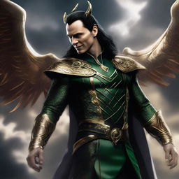 Loki rendered as Lucifer, donned in majestic Asgardian attire, a beautiful smile on his face, floating elegantly amidst the tempestuous, hellish clouds.