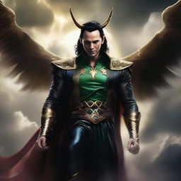 Loki rendered as Lucifer, donned in majestic Asgardian attire, a beautiful smile on his face, floating elegantly amidst the tempestuous, hellish clouds.