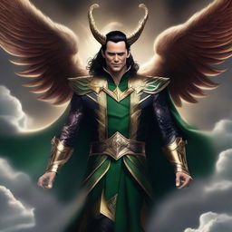 Loki rendered as Lucifer, donned in majestic Asgardian attire, a beautiful smile on his face, floating elegantly amidst the tempestuous, hellish clouds.