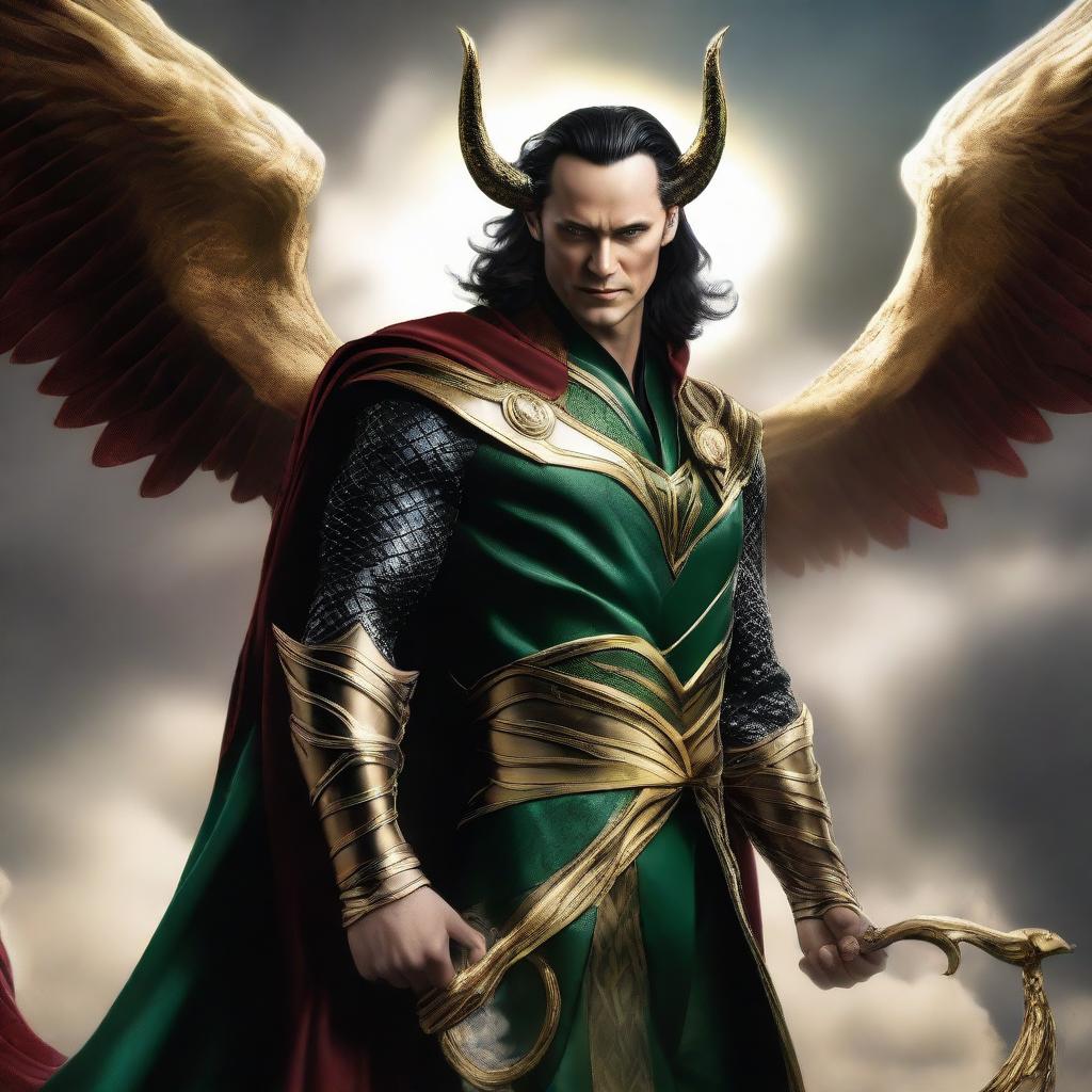 Loki rendered as Lucifer, donned in majestic Asgardian attire, a beautiful smile on his face, floating elegantly amidst the tempestuous, hellish clouds.