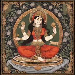 A representation of the goddess of art and craft in the style of an Indian miniature painting that brings forth a divine and ancient cultural environment