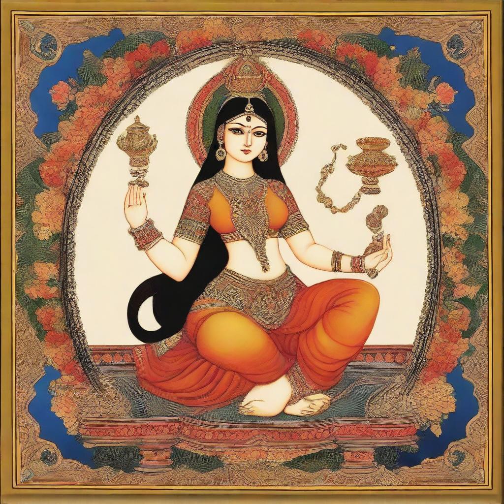 A representation of the goddess of art and craft in the style of an Indian miniature painting that brings forth a divine and ancient cultural environment