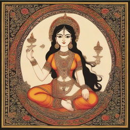 A representation of the goddess of art and craft in the style of an Indian miniature painting that brings forth a divine and ancient cultural environment