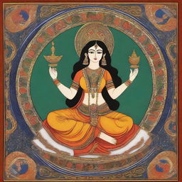 A representation of the goddess of art and craft in the style of an Indian miniature painting that brings forth a divine and ancient cultural environment