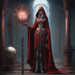 Gothic scene of a woman dressed as a red-robed priestess with a hood, holding a staff with a gear that encapsulates a glowing bulb. Featuring gear motifs in her adornments, additional mechanical limbs, white patterns on her attire, and an industrial backdrop.