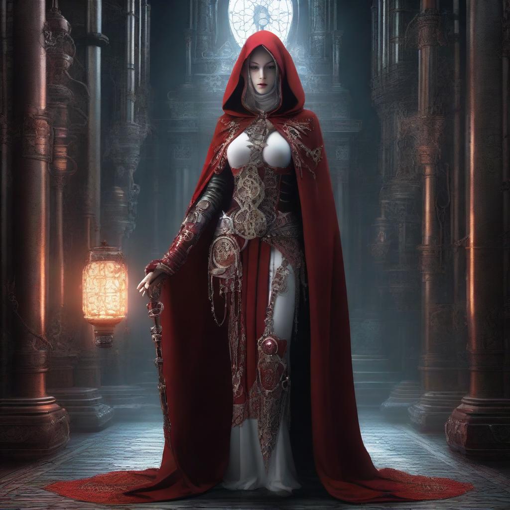 Gothic scene of a woman dressed as a red-robed priestess with a hood, holding a staff with a gear that encapsulates a glowing bulb. Featuring gear motifs in her adornments, additional mechanical limbs, white patterns on her attire, and an industrial backdrop.