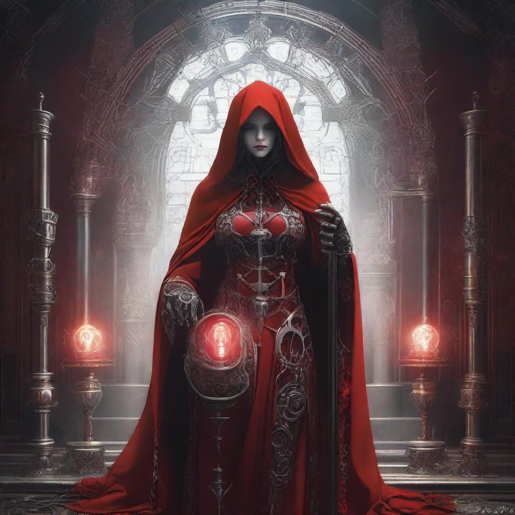 Gothic scene of a woman dressed as a red-robed priestess with a hood, holding a staff with a gear that encapsulates a glowing bulb. Featuring gear motifs in her adornments, additional mechanical limbs, white patterns on her attire, and an industrial backdrop.